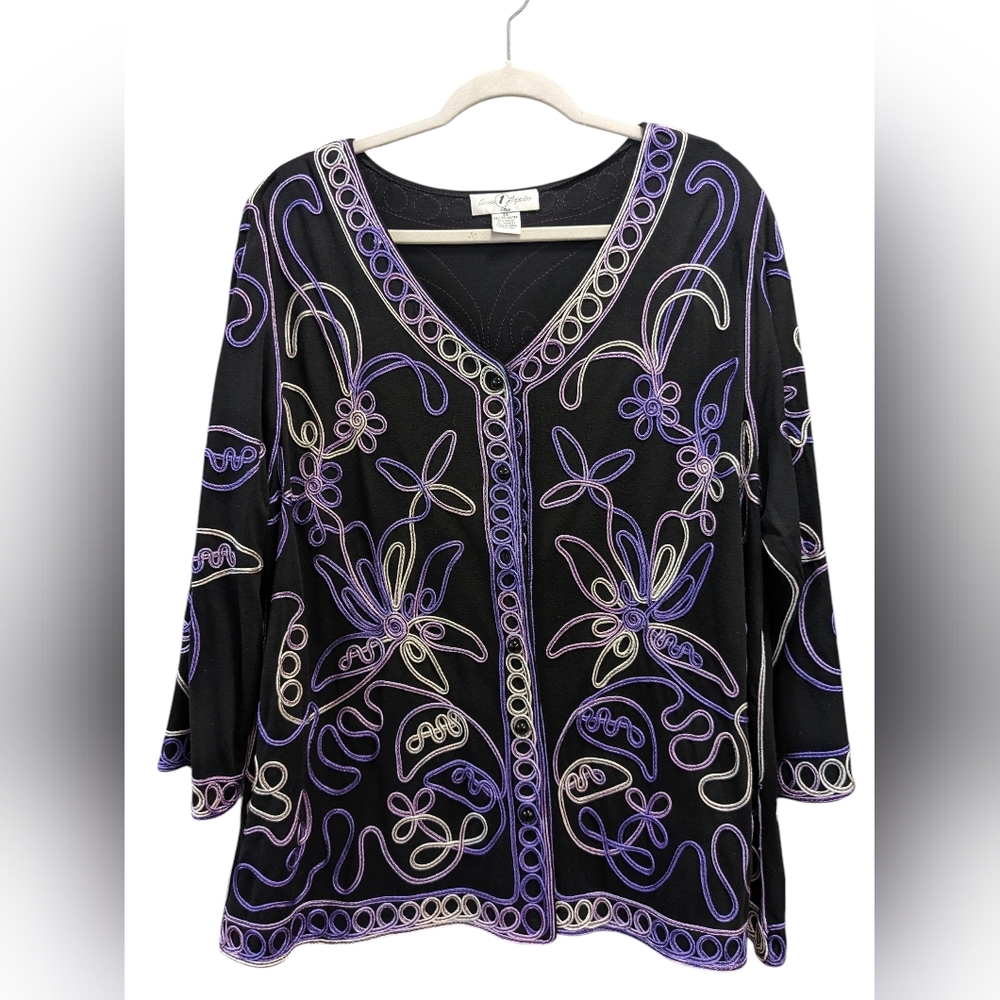 Once Again- Vintage Black Knit Jacket with Floral Embroidery  Size 2X